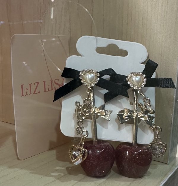 日本LIZ LISA金屬蝴蝶結蘋果珍珠心型閃石夾耳環(已絕版)